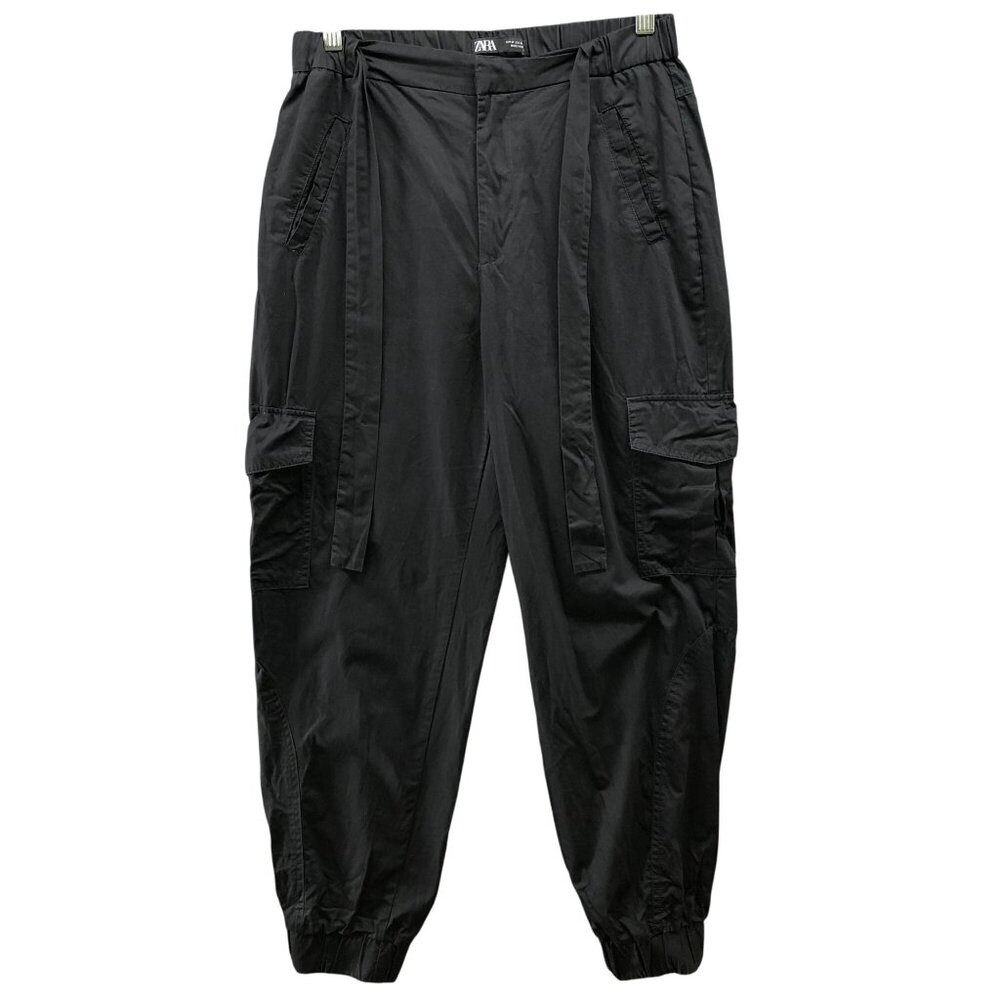 Zara Cargo Jogger Pants Womens M Black Baggy Cotton High Waisted Lightweight